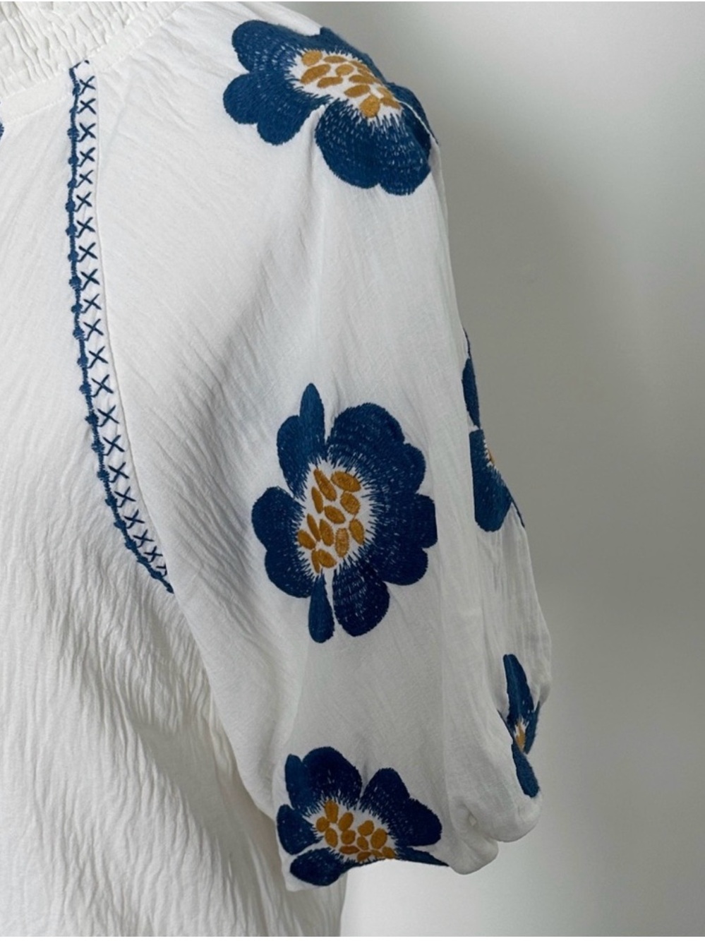 THML White Crinkled Puff-Sleeve Blouse with Blue & Gold Floral Embroidery - Picture 3 of 6